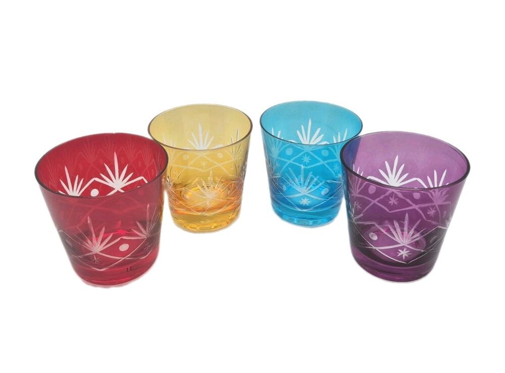 Four Vintage Colored Cut Glass Tumblers Starburst Geometric Pattern 12oz